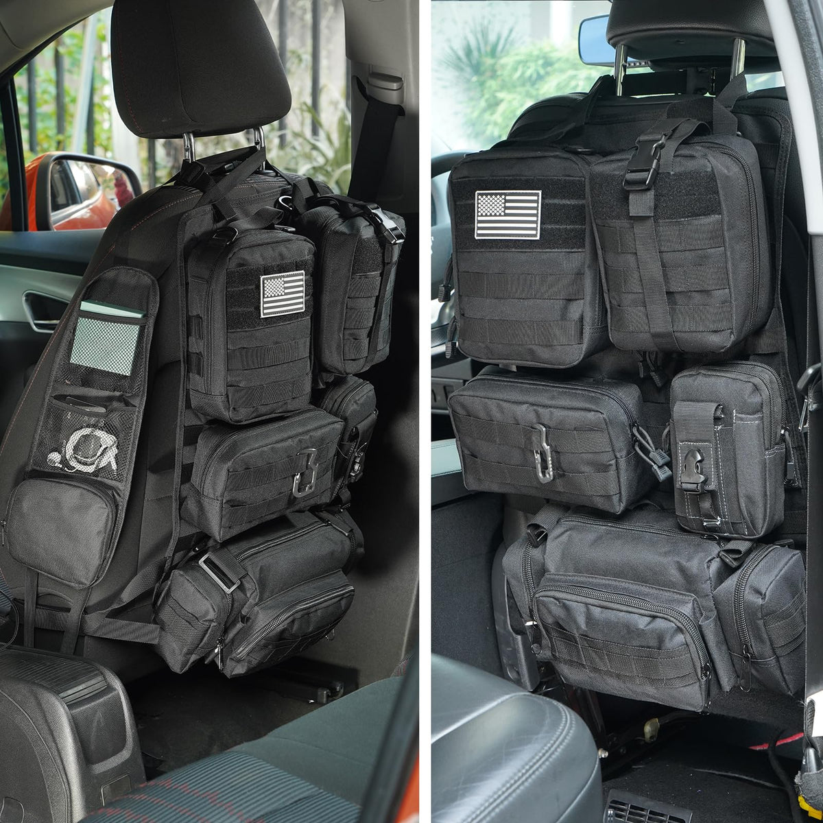BIAOXMAW front view organizer showing pockets and molle for tidy storage