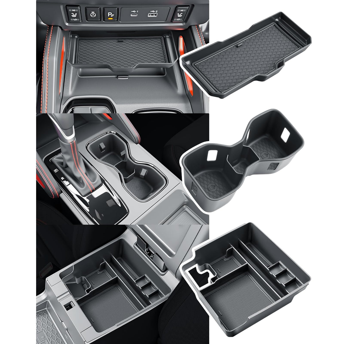 BIBIBO front view of installed console organizer showing tidy storage and improved access