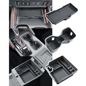 BIBIBO front view of installed console organizer showing tidy storage and improved access