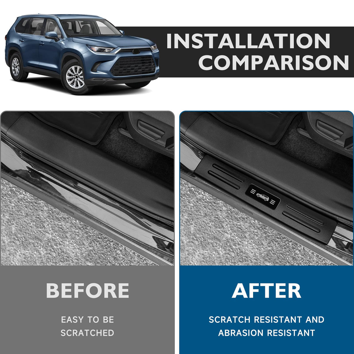BIBLOZ rear door sill close-up shows precise fit and durable protection