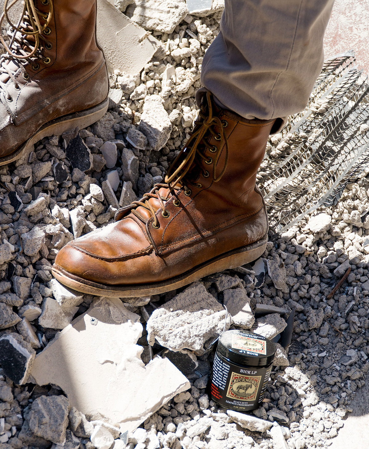 Bickmore Bick LP being applied to a leather boot, restores softness and appearance