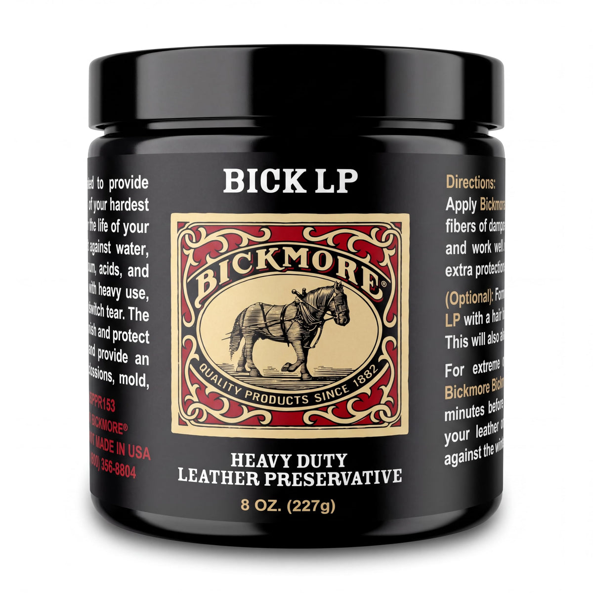 Bickmore Bick LP front label showing product and size, clear identification benefit