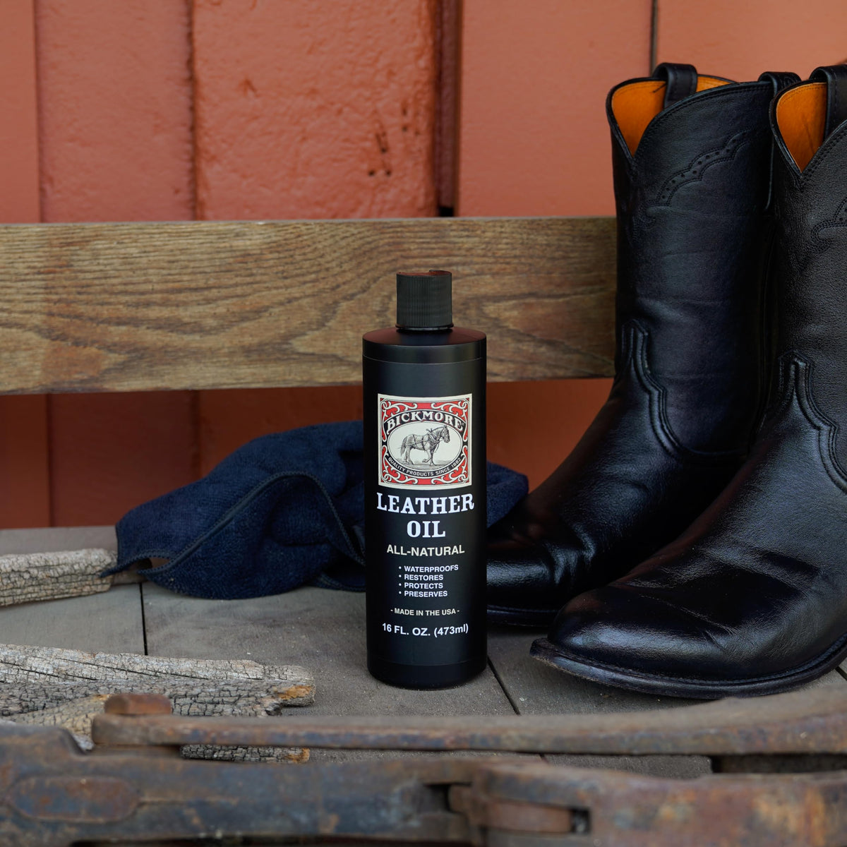 Bickmore close-up of oil being applied to leather demonstrating deep conditioning