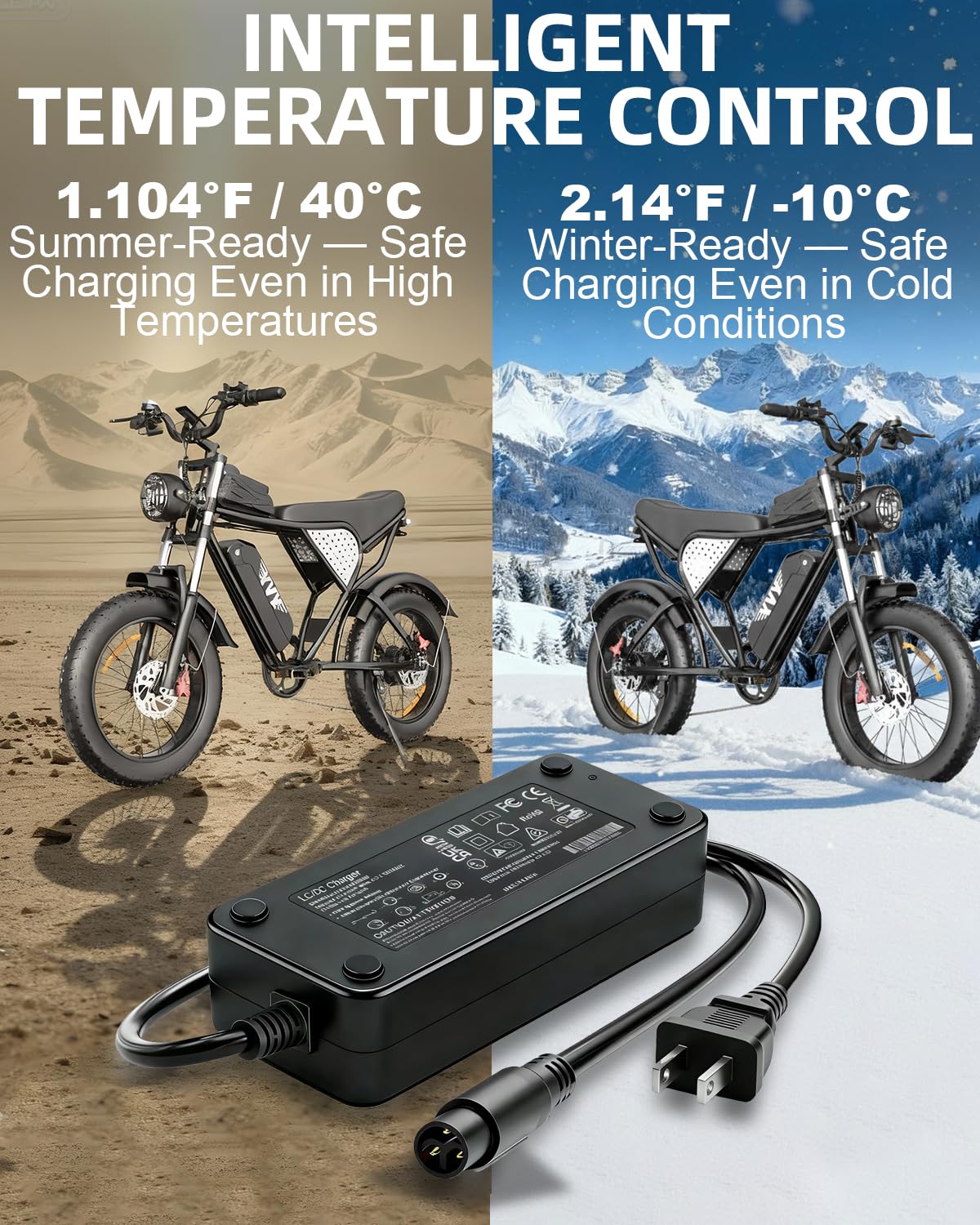 BICMDO charger plugged into Super73 battery demonstrating in-use charging