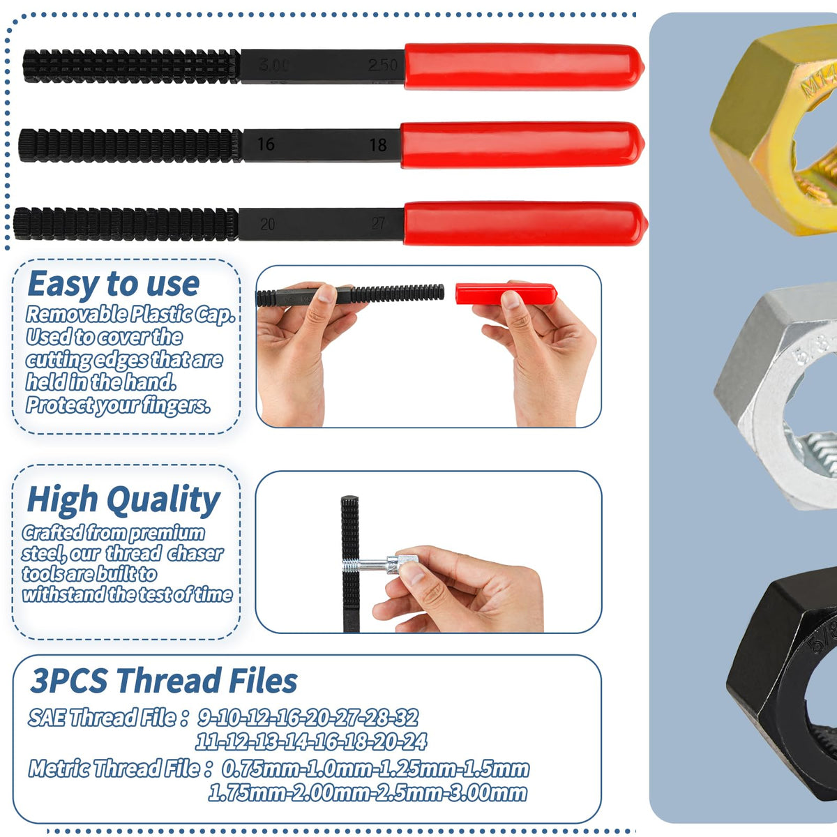 Bicos colored dies and labeled slots for fast UNC UNF metric identification benefit