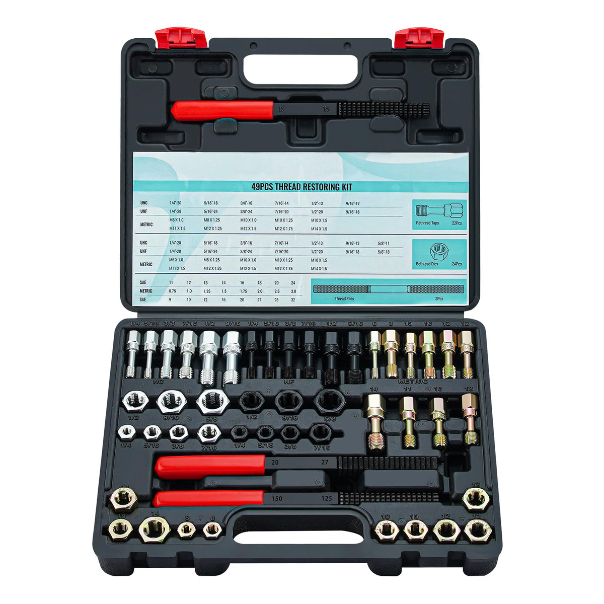 Bicos front view of open case showing organized taps dies and files for quick selection