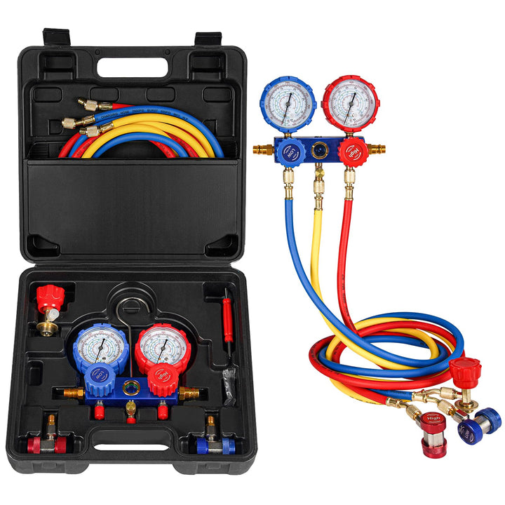 Bicos front manifold gauge showing ports and knobs for accurate pressure control