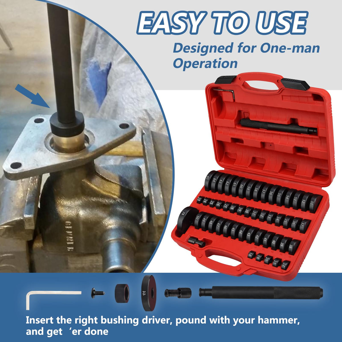 Bicos in use pressing a wheel bearing with even force and damage prevention benefit