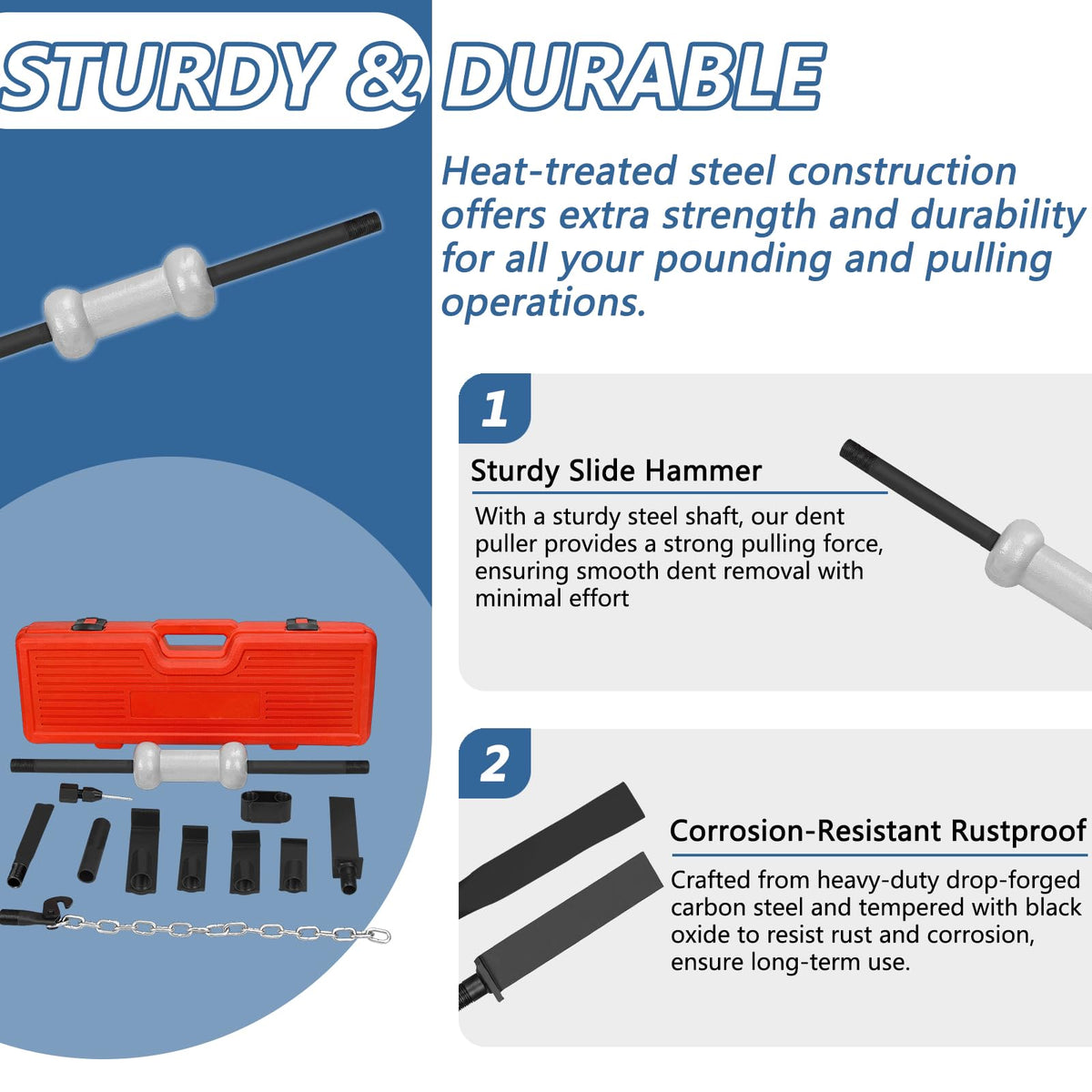 Bicos slide hammer next to common hand tools showing scale and compact transport