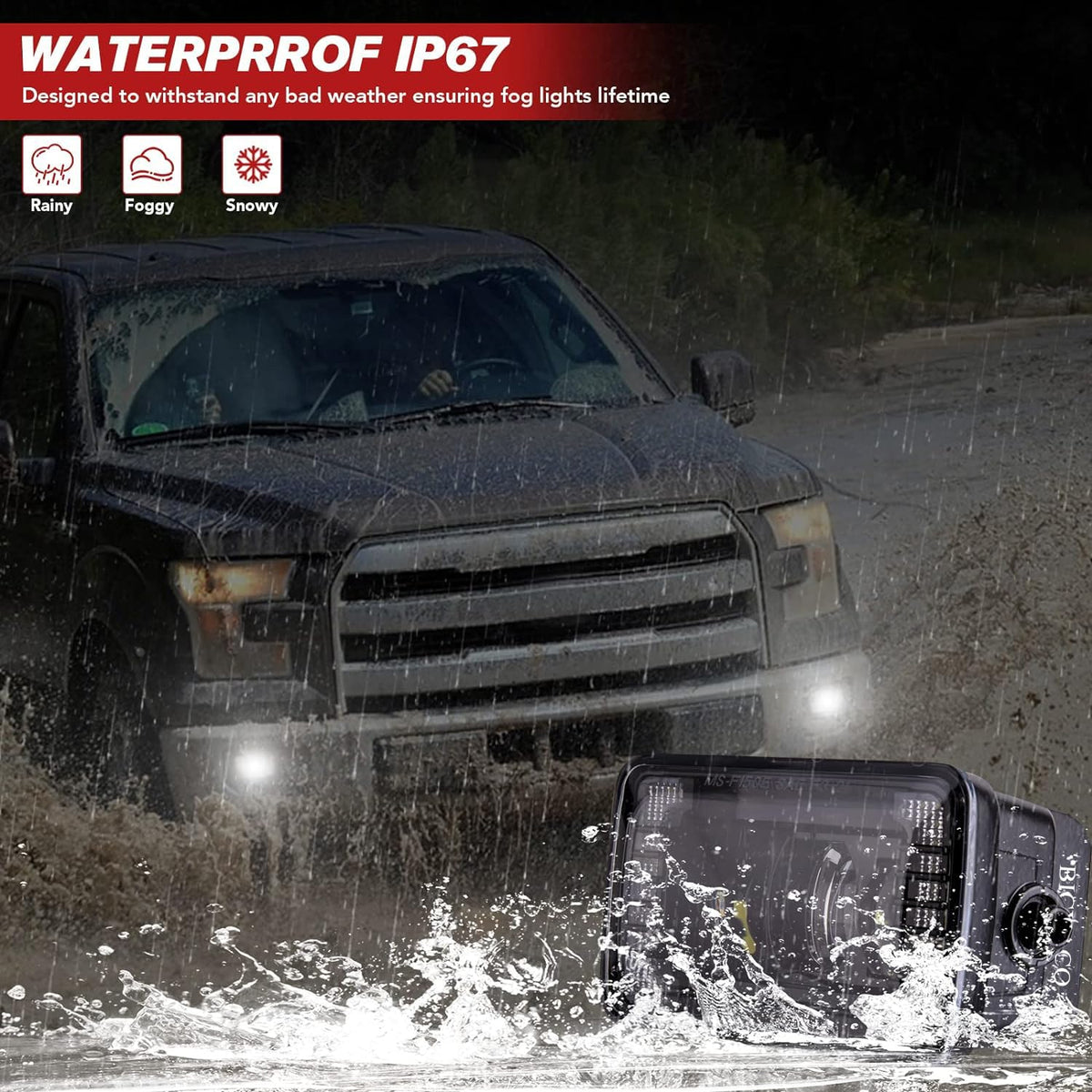 BICYACO fog light under water spray proving IP67 weather protection
