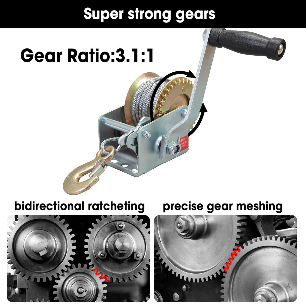 BIG RED hardened gear and two-way ratchet close-up for reliable holding