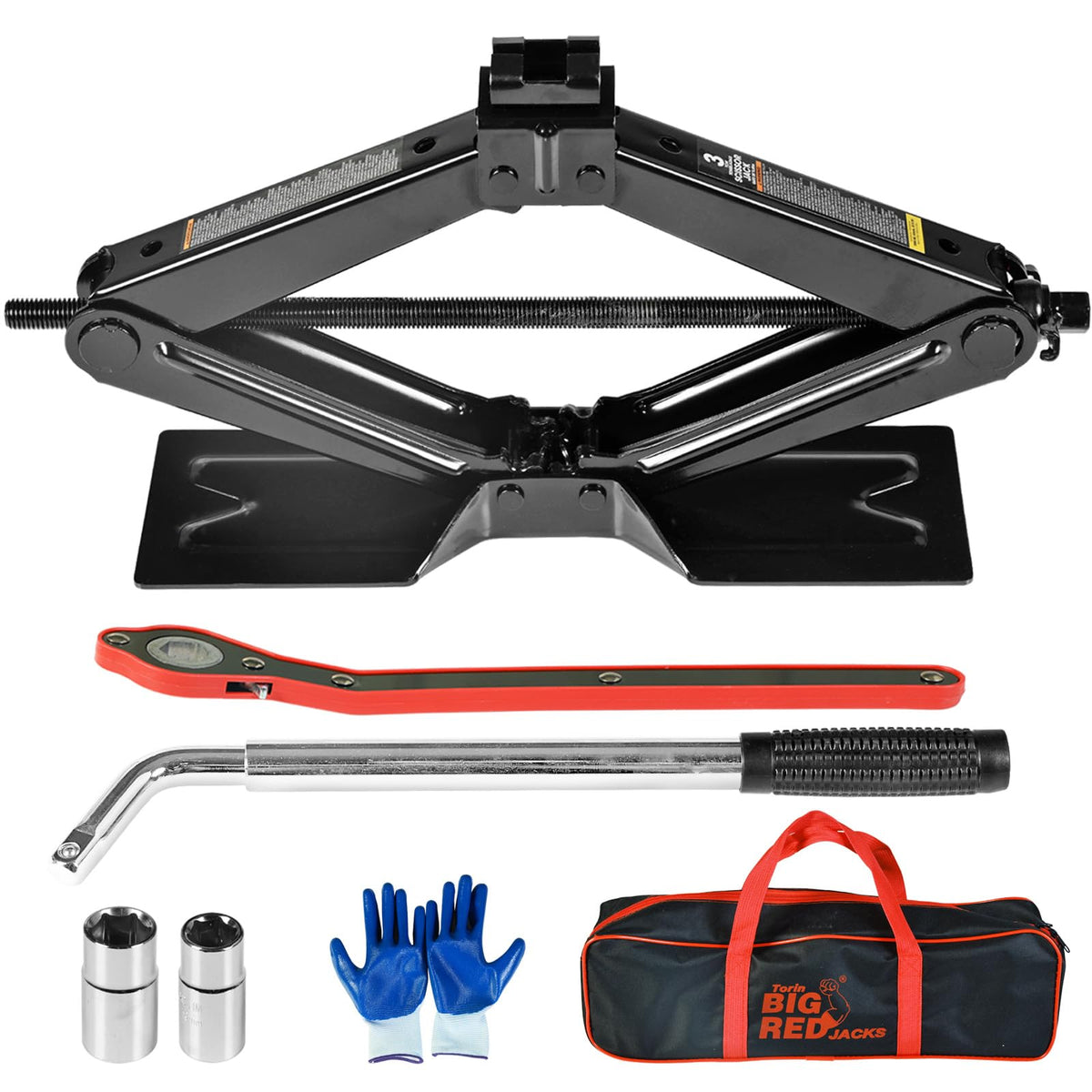 BIG RED front view of scissor jack kit showing compact storage and trunk convenience
