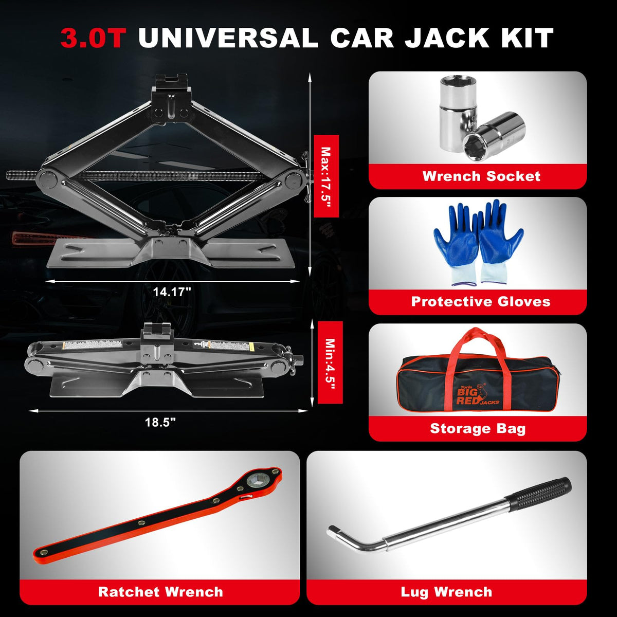 BIG RED jack next to ruler showing 4.5 to 17.5 inch lifting range for fit clarity