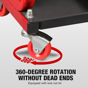 BIG RED close-up of padded seat cushion highlights comfort for long tasks benefit: reduces fatigue