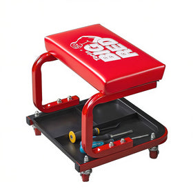 BIG RED front view of rolling mechanic stool shows stable frame and seat benefit: organized work