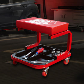 BIG RED stool positioned by car in garage to show workshop use benefit: keeps tools close