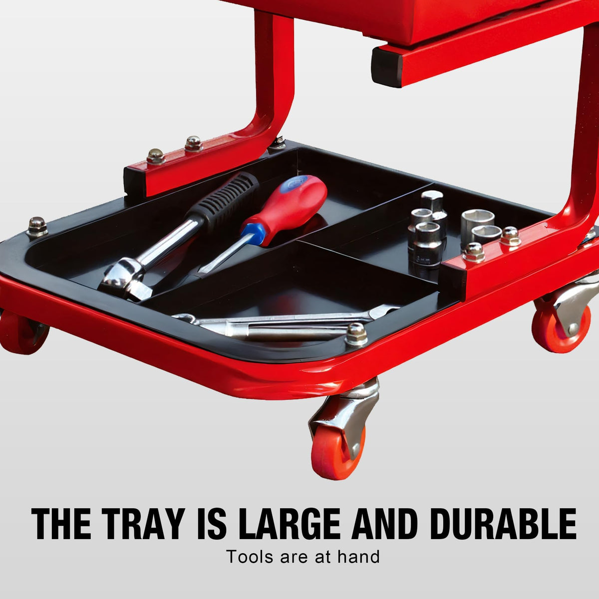 BIG RED stool next to measuring tape illustrating size and weight capacity benefit: fits low-clearance jobs