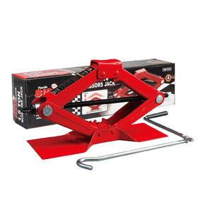 BIG RED front view of scissor jack showing compact, reliable design
