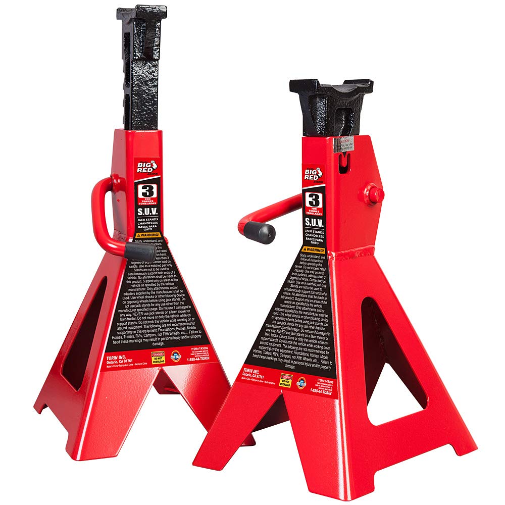BIG RED front view of jack stand pair showing height and stability benefit