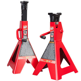 BIG RED front view of pair showing red forged-steel stands for secure support