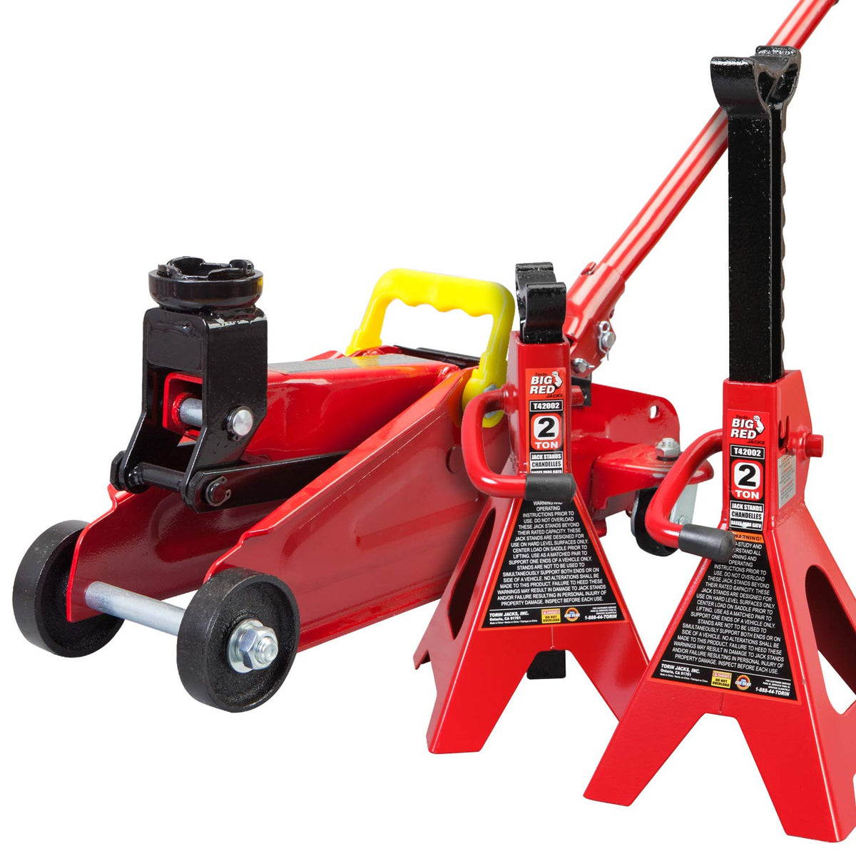 BIG RED front view of trolley jack combo showing durable steel body and portability benefit