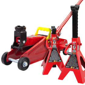 BIG RED front view of trolley jack combo showing durable steel body and portability benefit