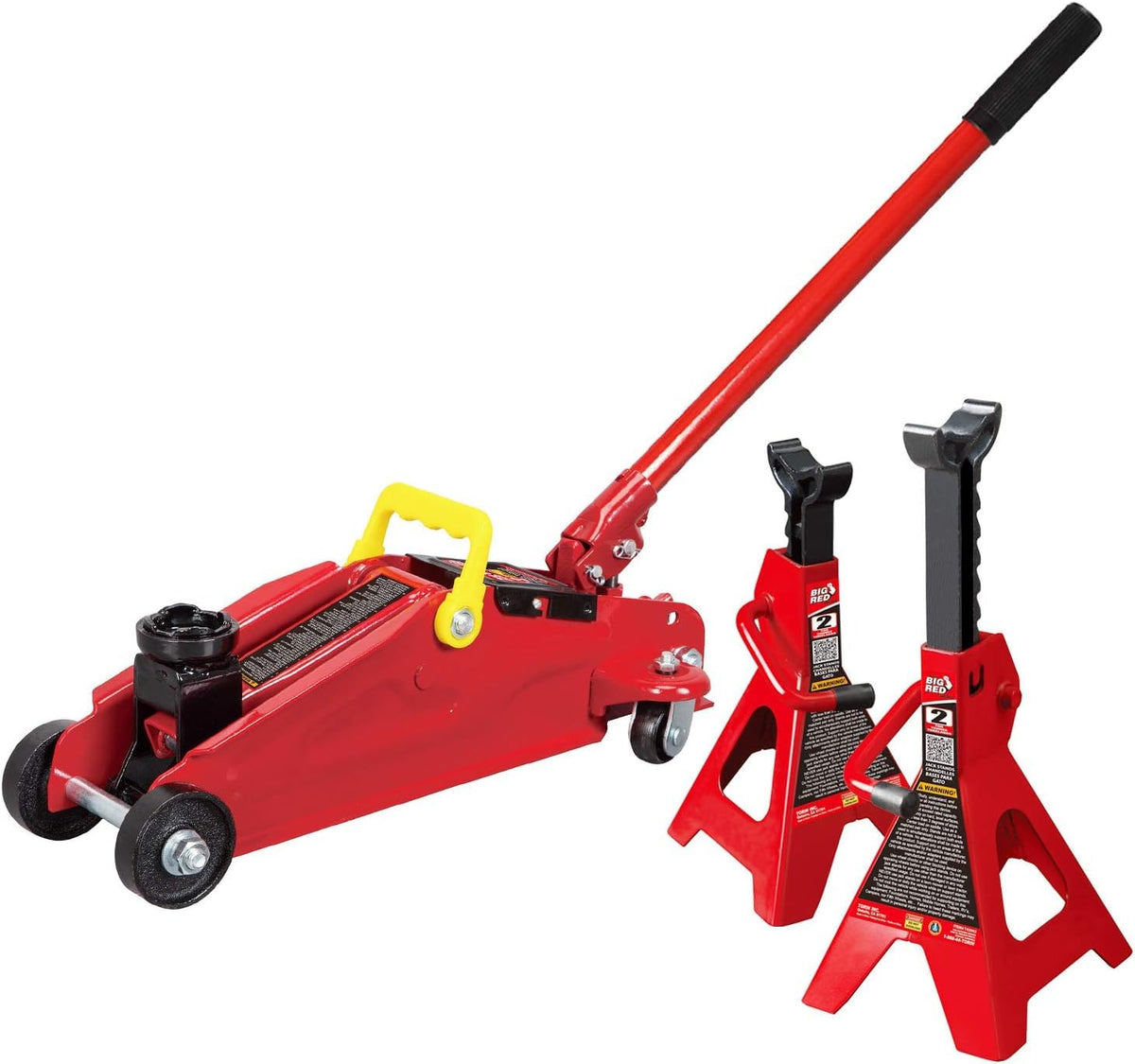 BIG RED floor jack lifting a car illustrating secure lift and maintenance access benefit