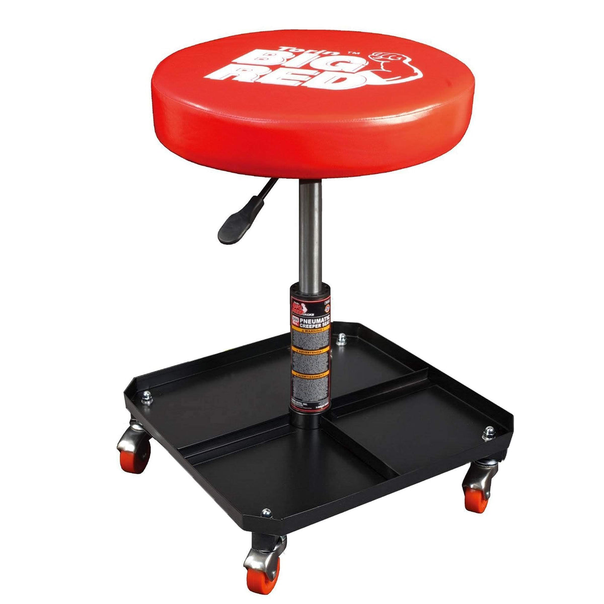 BIG RED front view of red creeper seat showing sturdy frame and padded cushion for comfort