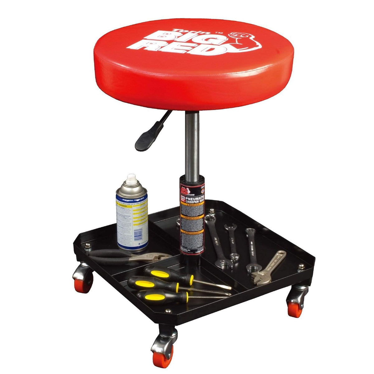 BIG RED rolling creeper seat in garage setting improving efficiency and reducing fatigue