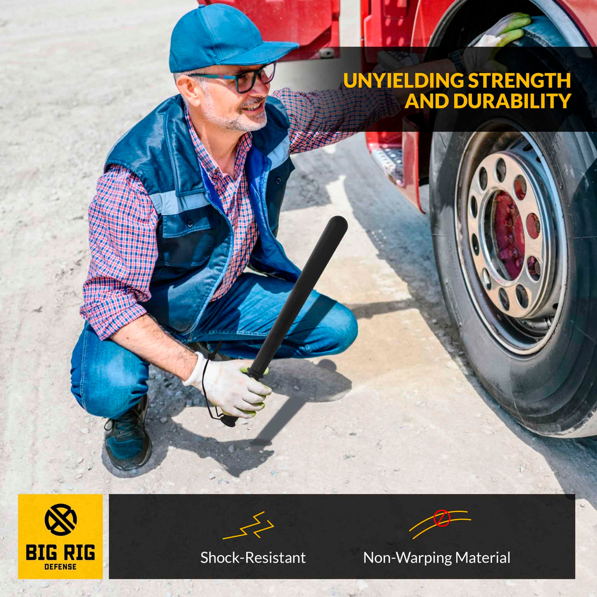 BIG RIG DEFENSE B R beside a ruler to show the 18-inch size for easy storage