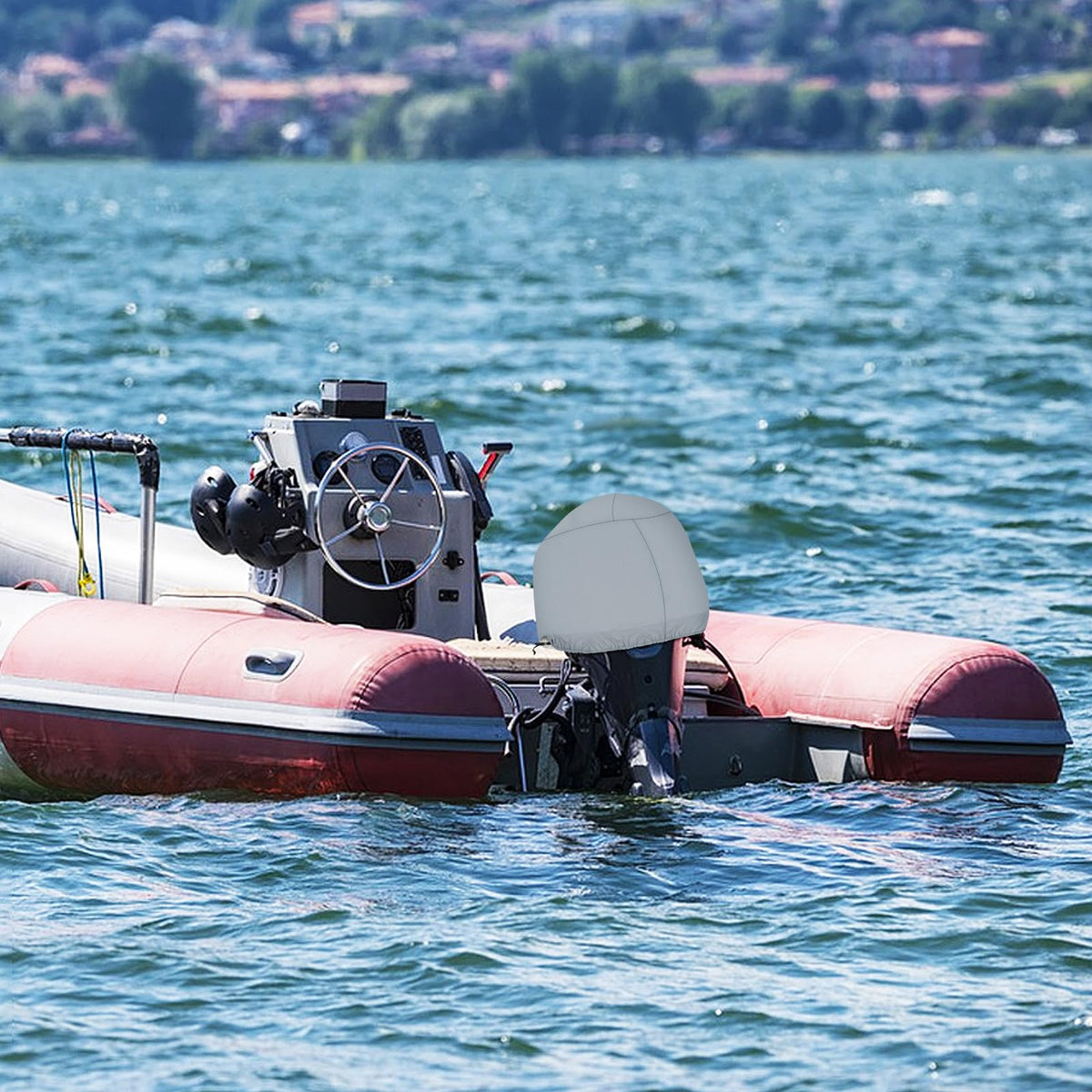 BIGACOVER covered outboard on dock illustrating all-weather defense