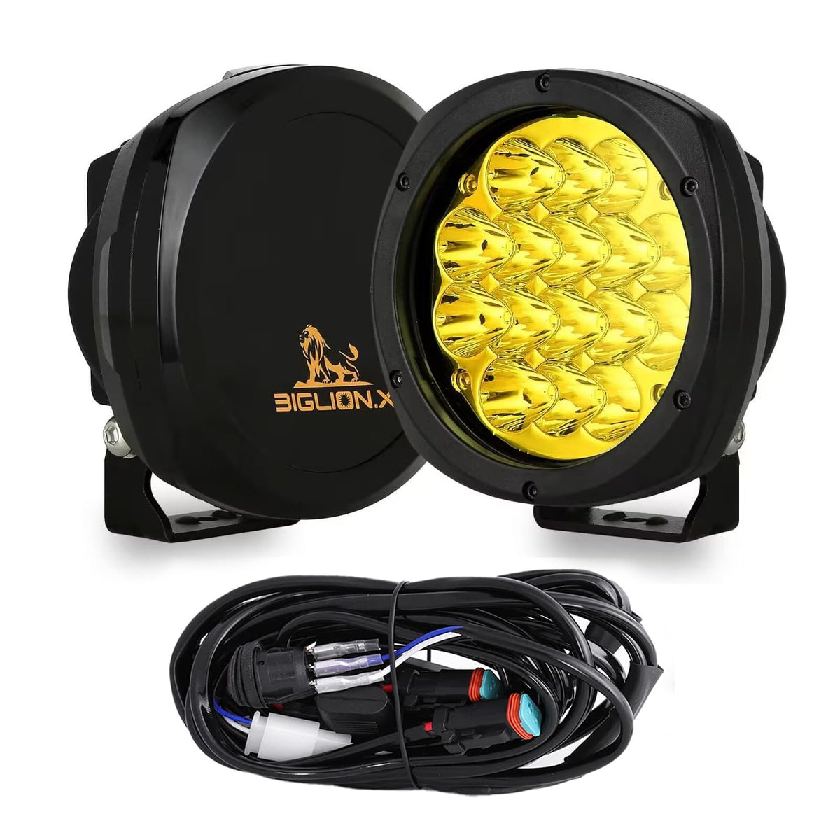 BIGLION.X front view of amber 5-inch pair showing strong beam and clear fit