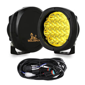 BIGLION.X front view of amber 5-inch pair showing strong beam and clear fit