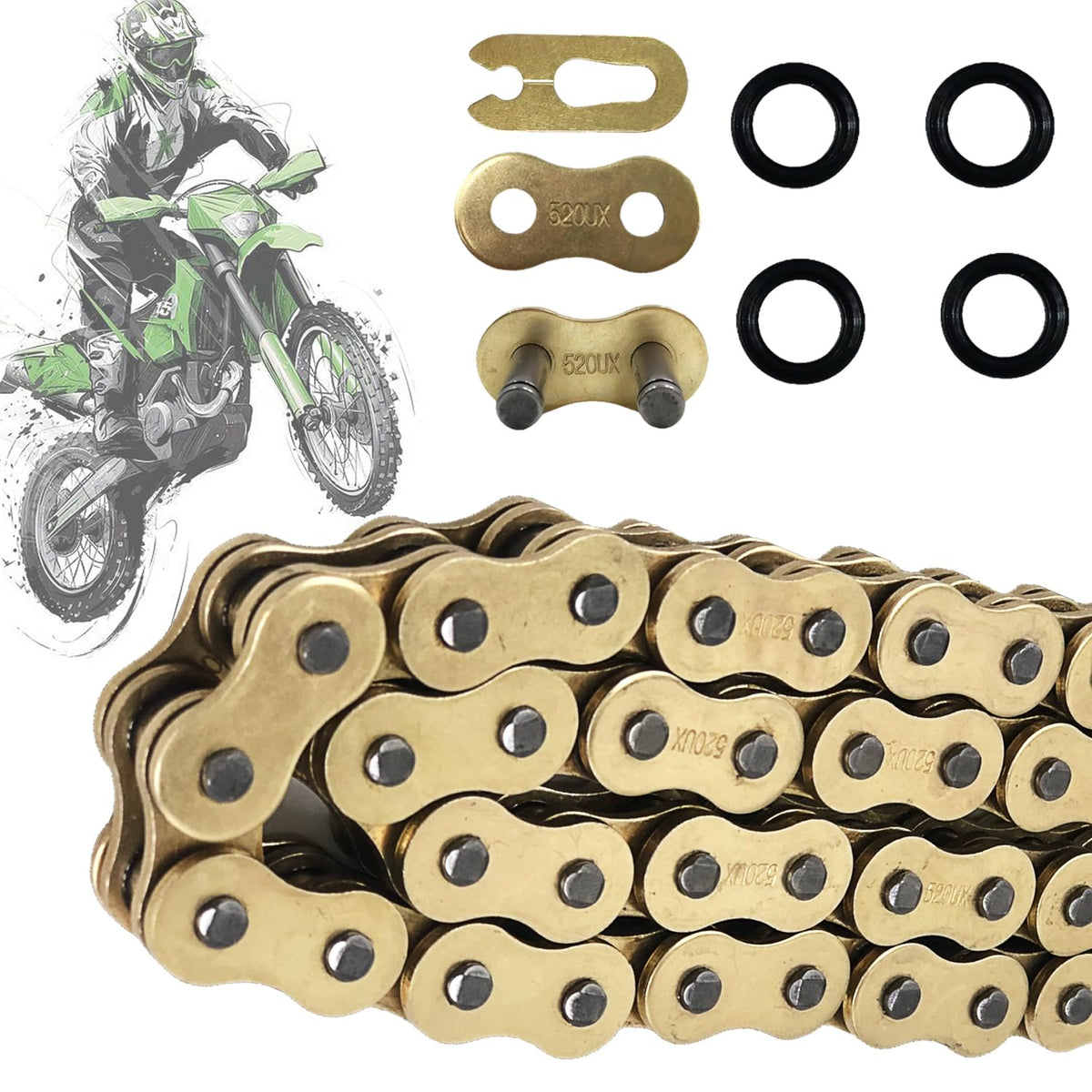 BIGLKNM 520 X-Ring chain front view showing gold finish and complete packaging benefit durability