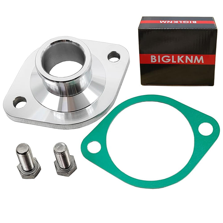 BIGLKNM front view of billet thermostat housing showing mounting flanges and finish for reliable fit