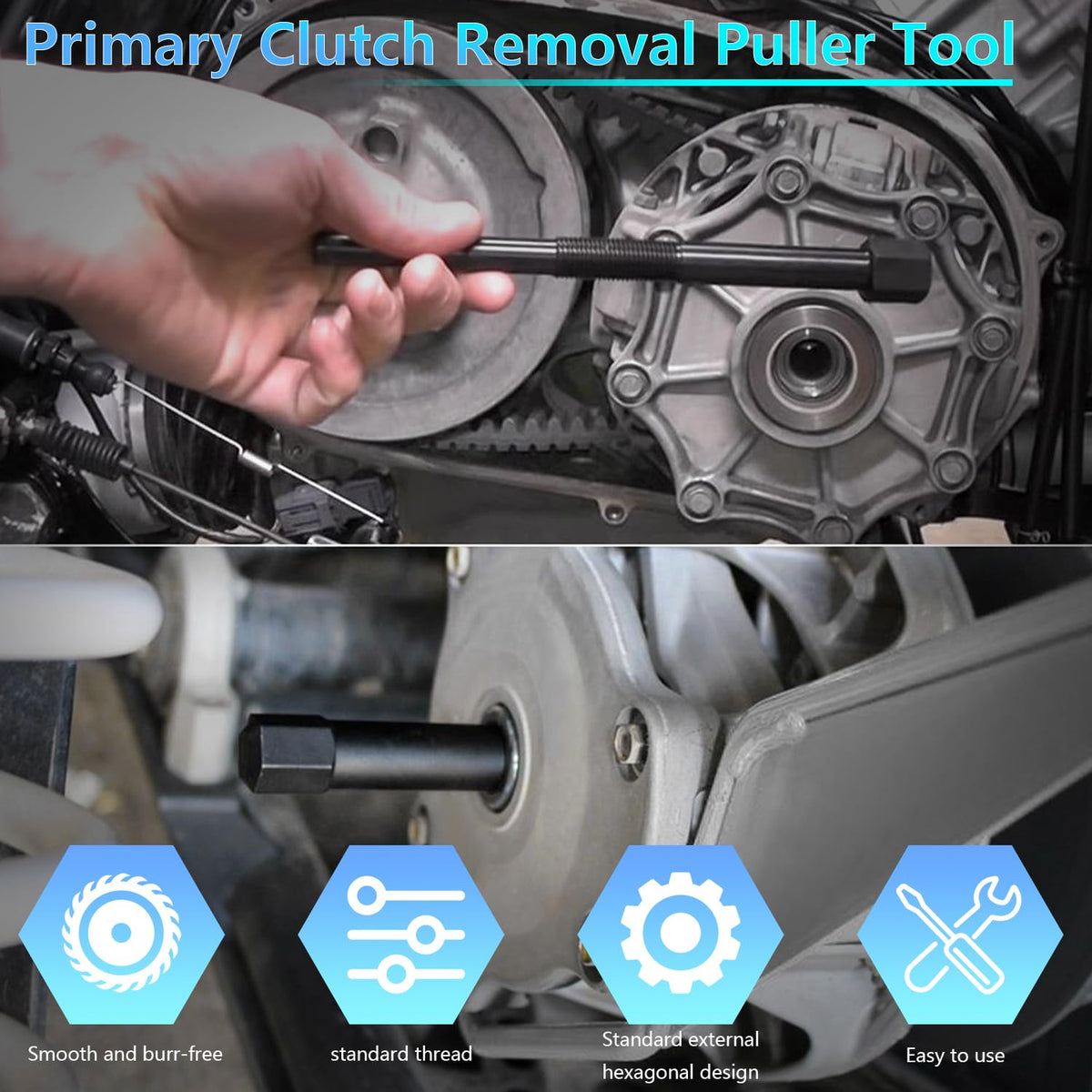 BIGLKNM belt tool in use on RZR secondary clutch for easy rotation