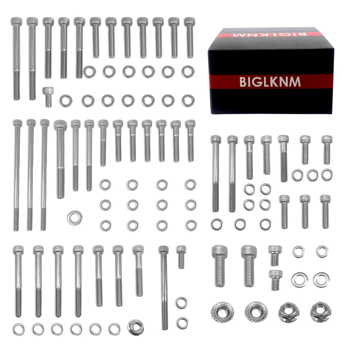 BIGLKNM front packaging showing full 102-piece engine bolt kit, ready for repair