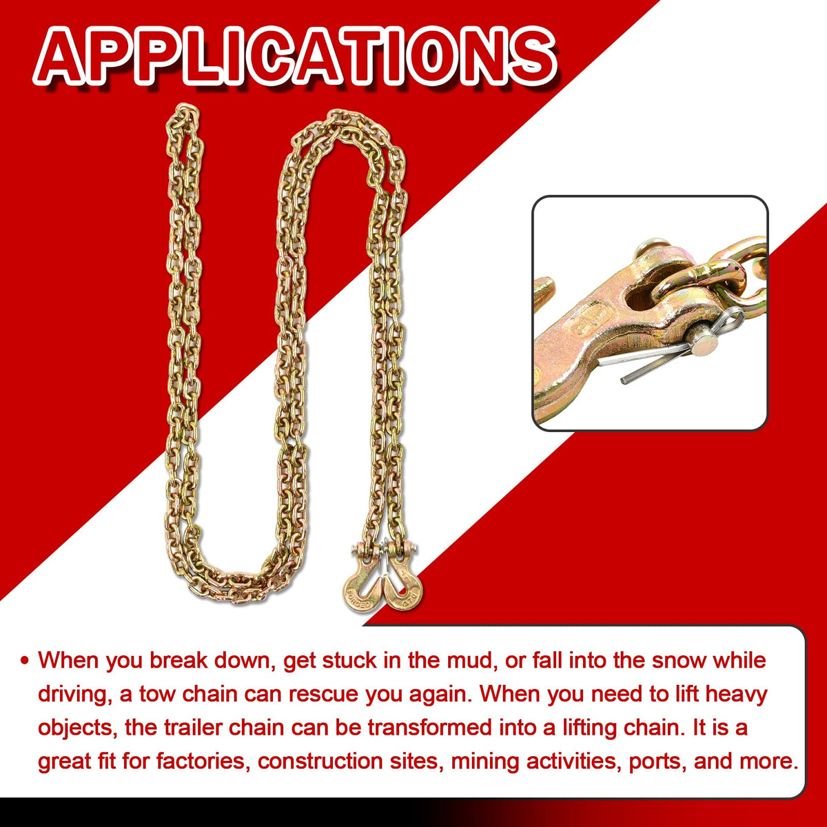 BIGREAT chain used in truck recovery showing practical towing and rescue capability