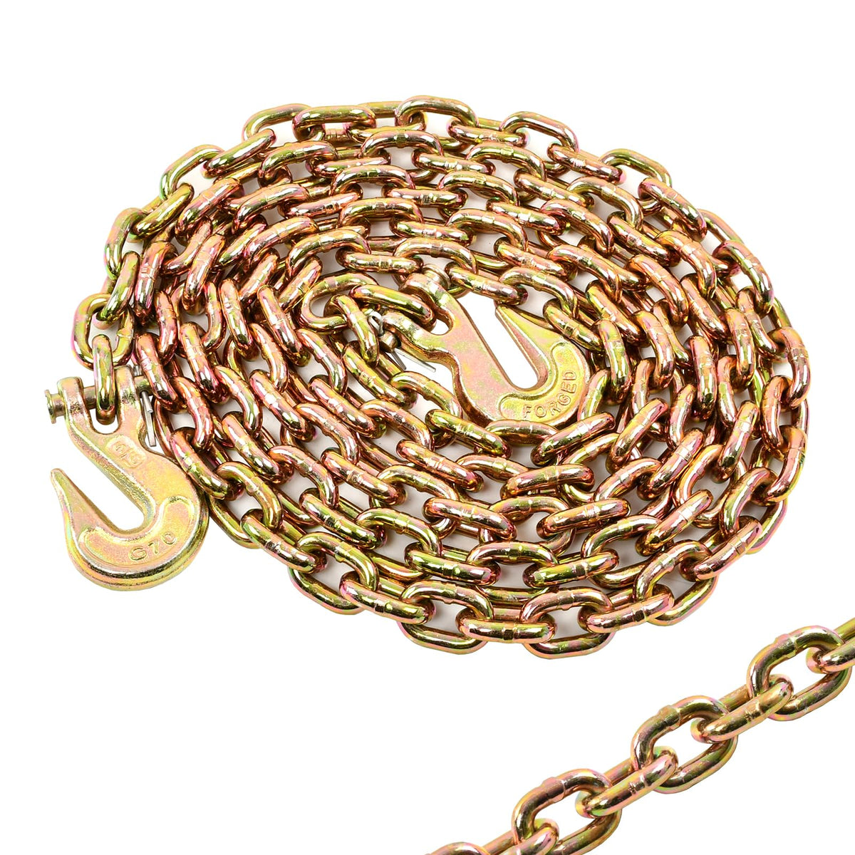 BIGREAT front view of 5/16" x 10ft chain showing hooks and packaging, durable hauling ready