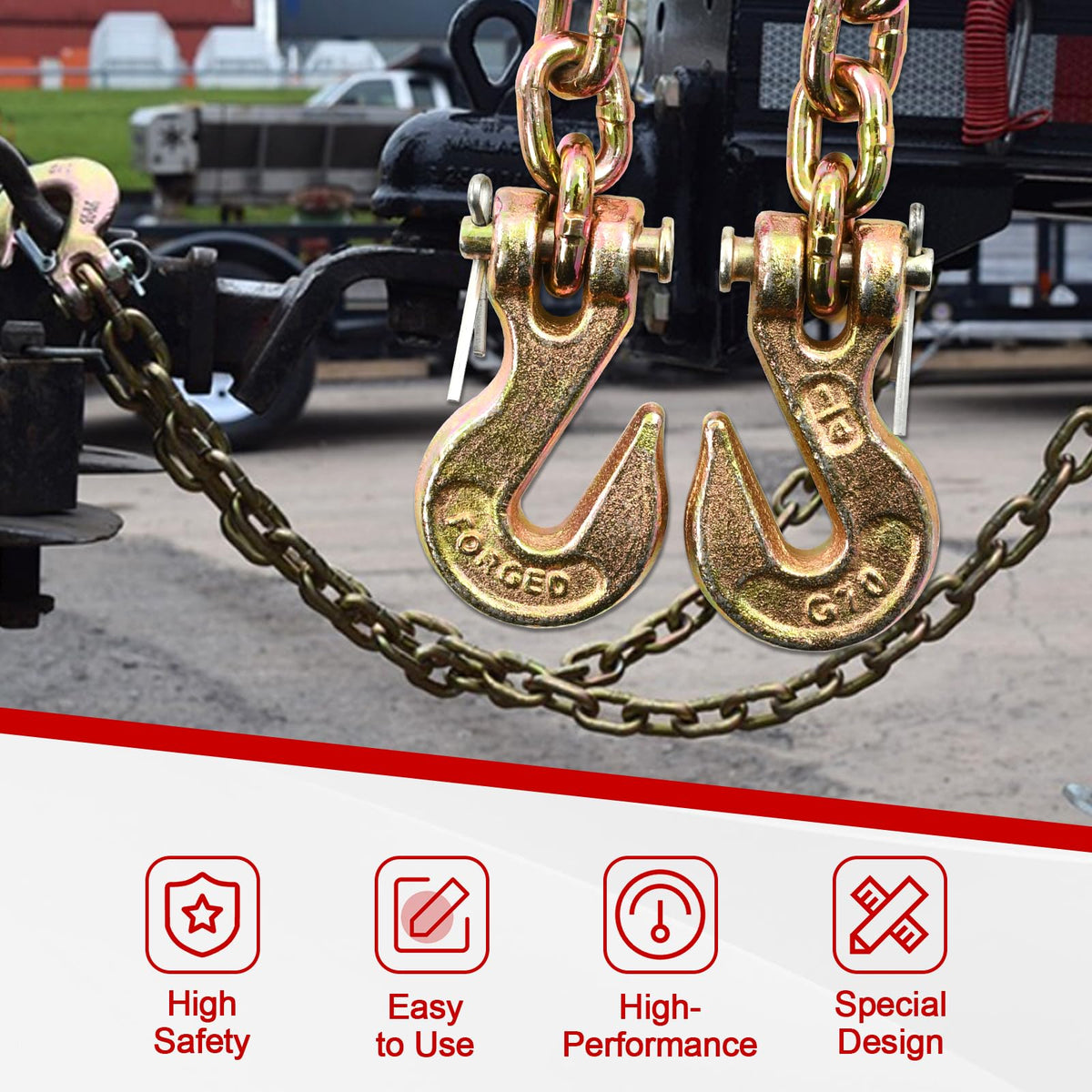 BIGREAT chain beside a hand for scale showing manageable size and robust construction