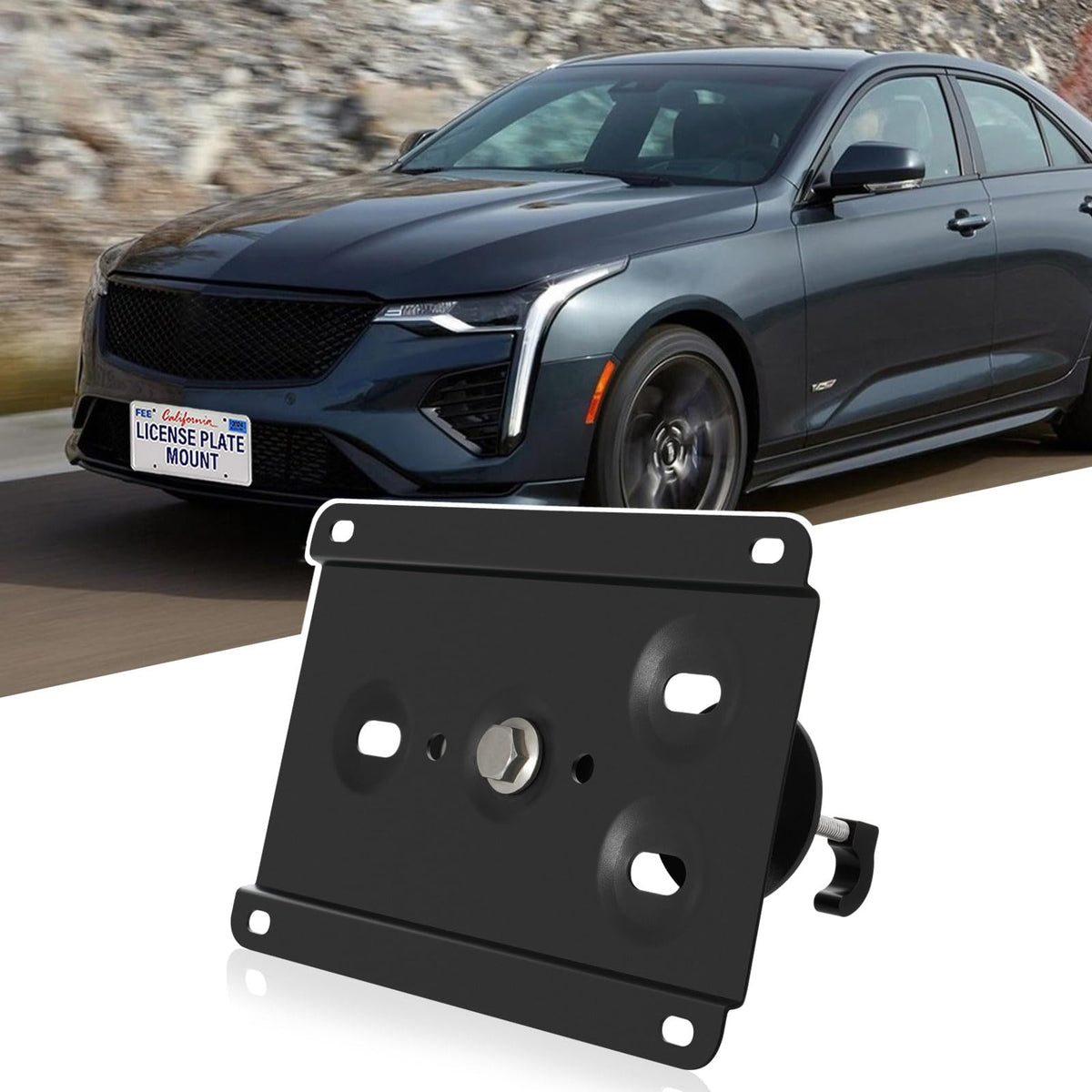 Biinfly front license frame on Cadillac front showing clean fit and added protection