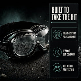Bikershades lens close-up showing UV400 polycarbonate protection and clarity