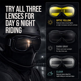 Bikershades goggles shown with prescription glasses to illustrate over-glasses fit