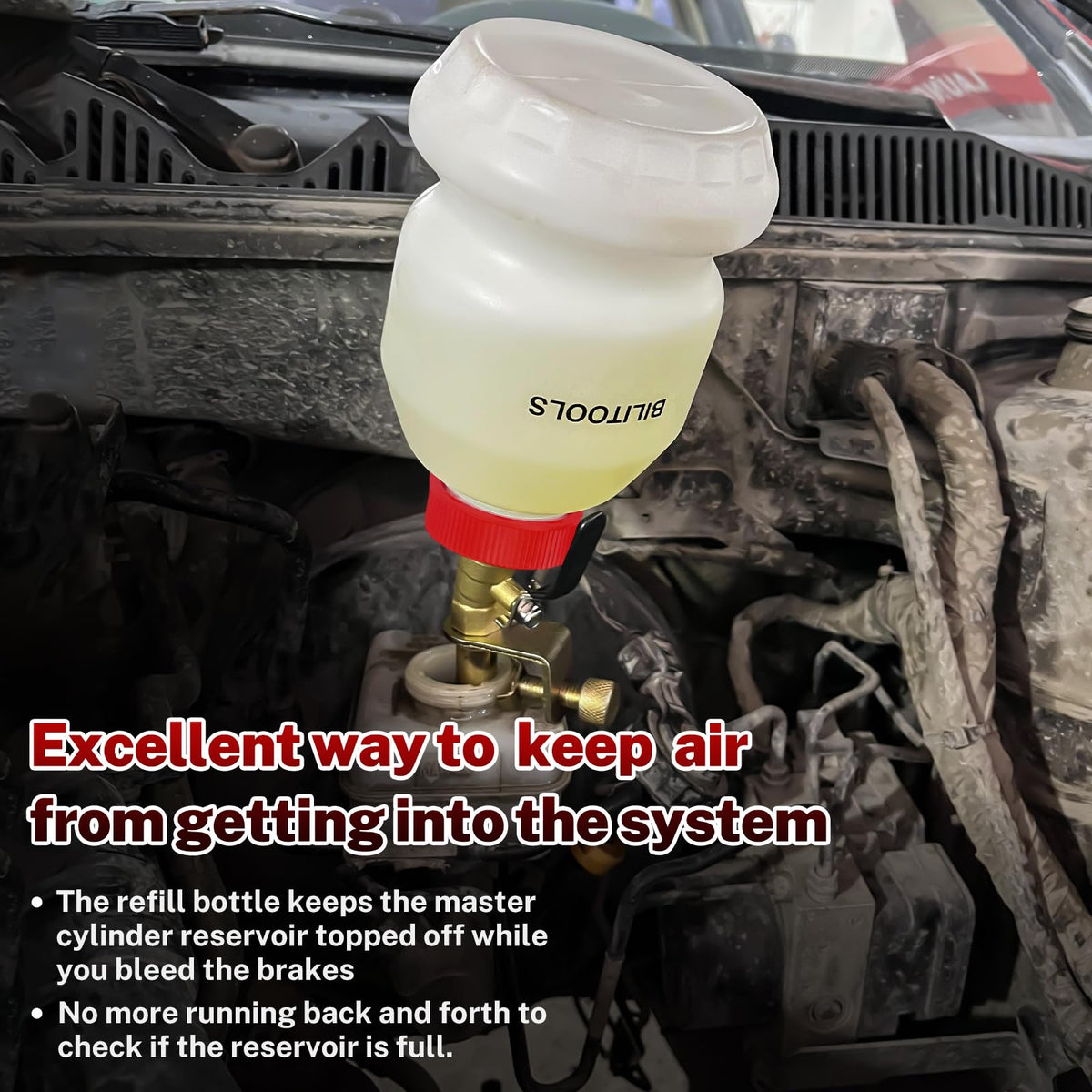 BILITOOLS close-up of flow control valve for precise brake fluid delivery and reduced spills