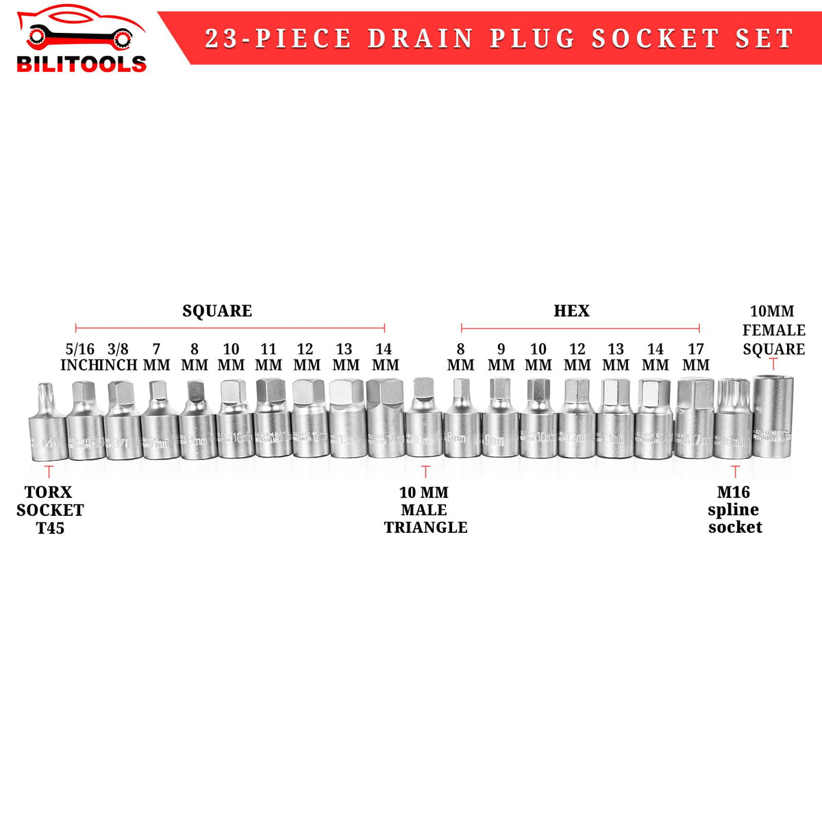 BILITOOLS close-up of spline, T45 torx and triangle sockets, clear detail for precise fitment