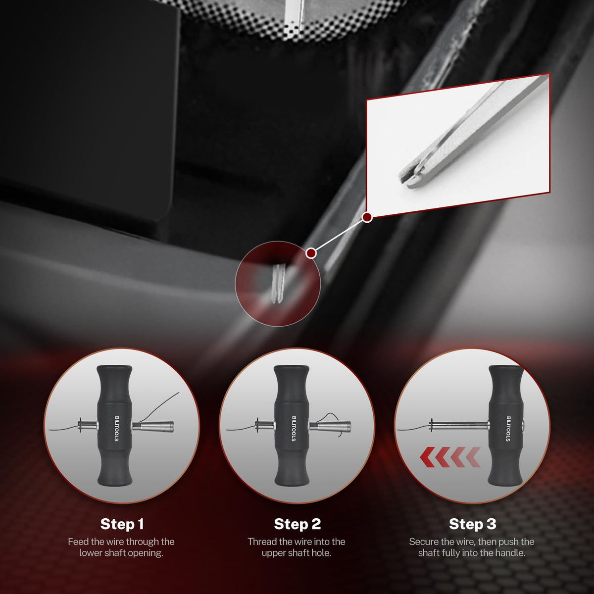 BILITOOLS cutting wire extended across windshield for continuous adhesive slicing
