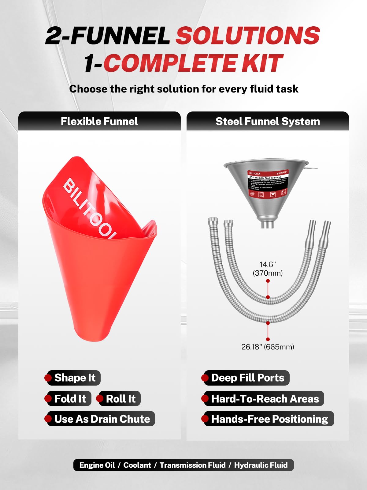 BILITOOLS red flexible PVC funnel close-up for spill-free transfers