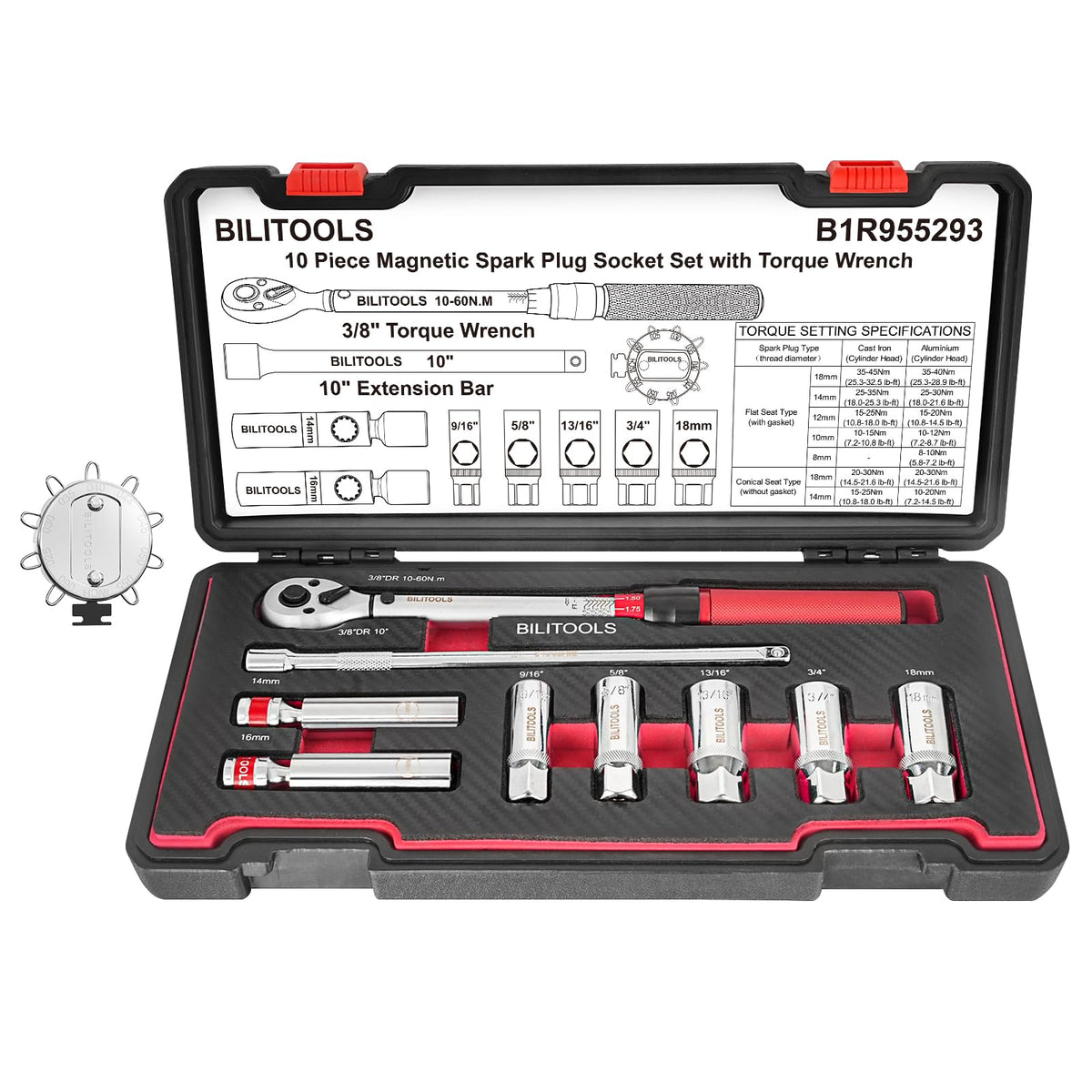 BILITOOLS front packaging displaying full spark plug service kit and benefits