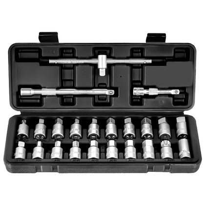 BILITOOLS front packaging displaying the 23-piece drain plug socket set and included tools, convenient storage
