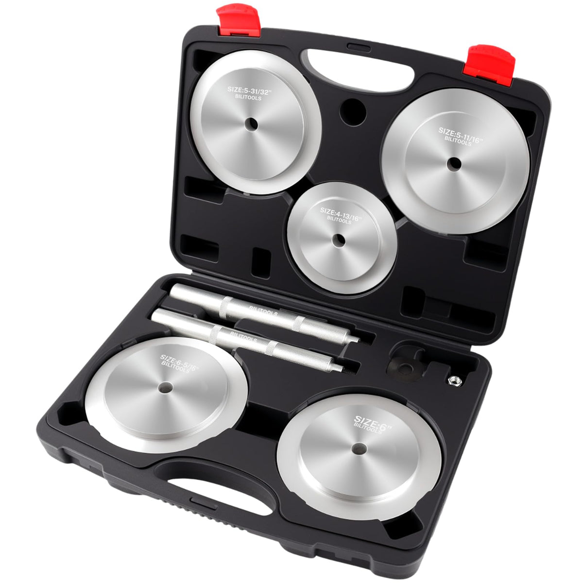 BILITOOLS front view of full five-piece seal installer kit showing drivers and handle, durable and organized